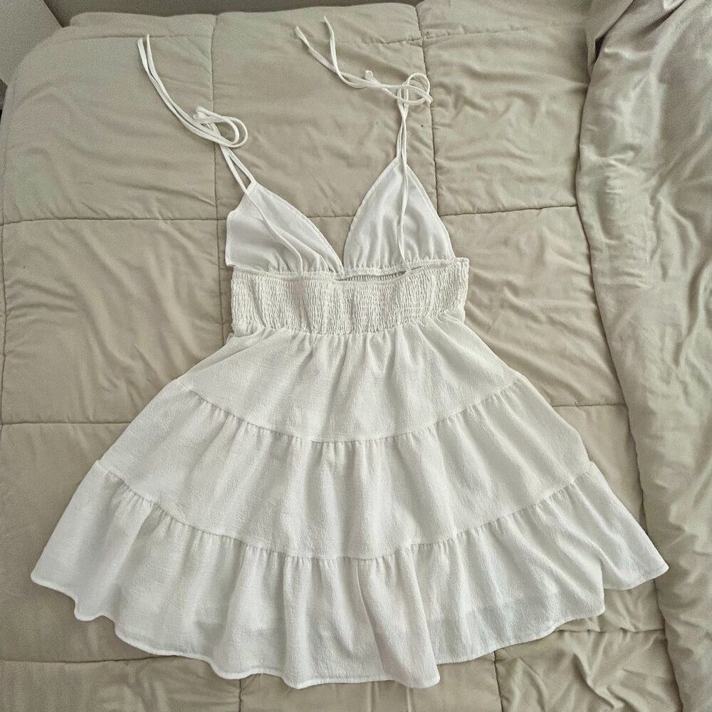 White Tiered Mini Dress with Smocked Waist and Tie-Straps